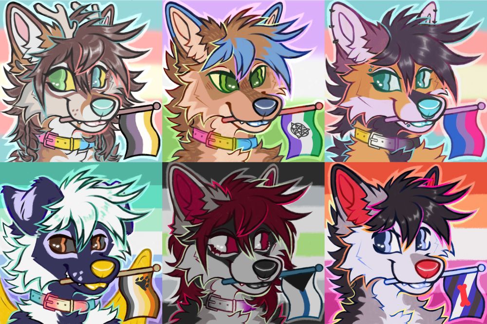 collection of fursona icon YCHs with them holding a pride flag. the background is another flag.