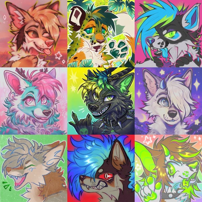 collection of 9 headshot/bust furry icons, used as examples for my art style.