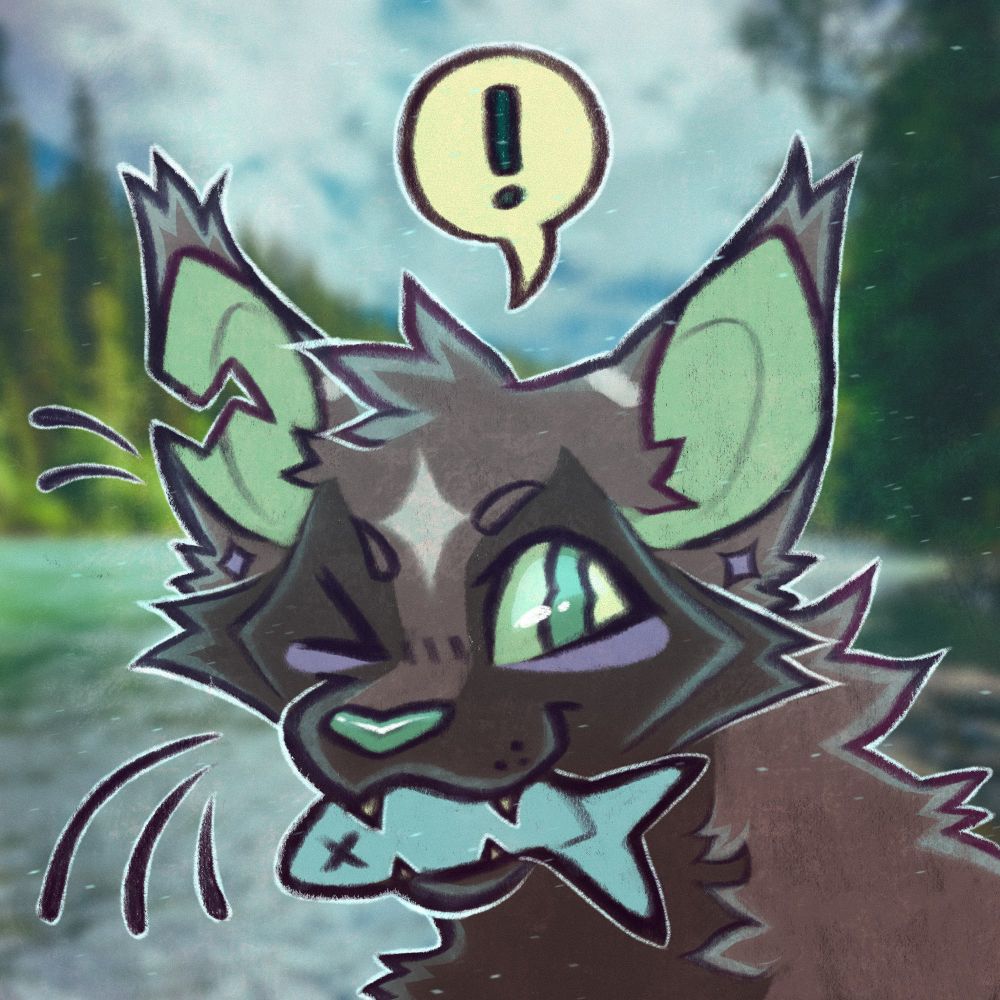 Illustration of a brown cartoon feral cat with green eyes and ears holds a fish in its mouth, winking, with an exclamation mark in a speech bubble above its head. A blurred outdoor background is visible with a river and trees.
