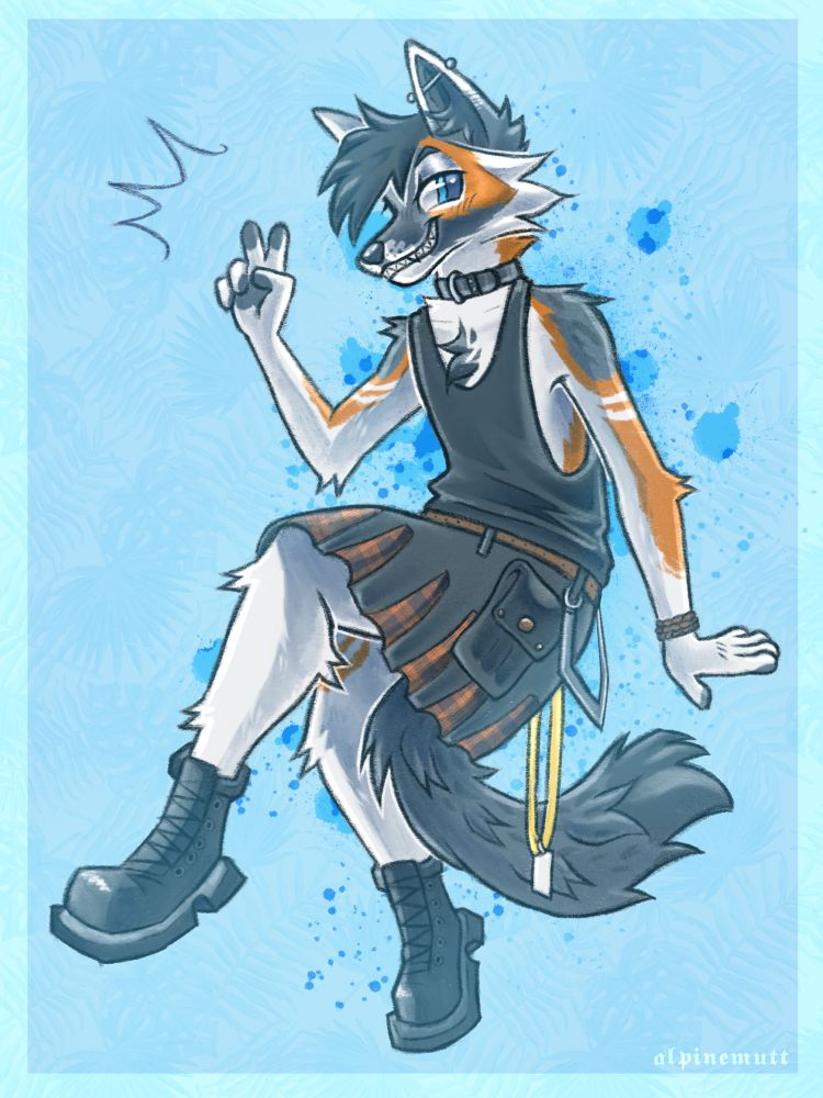Fullbody rendered drawing of an anthropomorphic canine character with orange/brown, white, and gray fur. They are smiling and wearing a black tank top and a kilt with brown plaid accents, as well as some chains and lanyards on their belt. They are giving a peace sign and the other arm is down at their side.