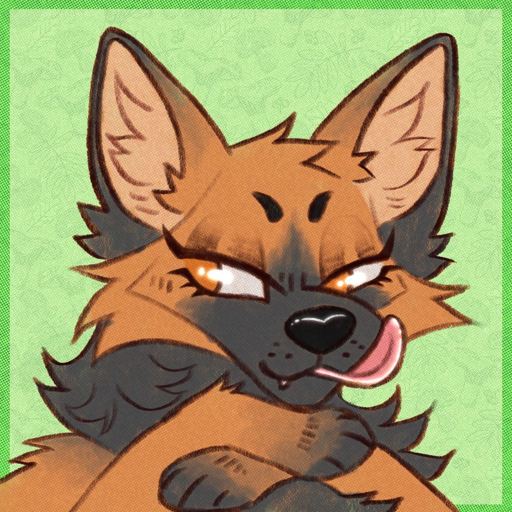 Drawing of a cartoon feral canine with orange/brown fur and dark grey accents. They smirk playfully with sassy eyes and their tongue out licking their muzzle. They are set against a green background with a darker border and a subtle plant theme pattern.
