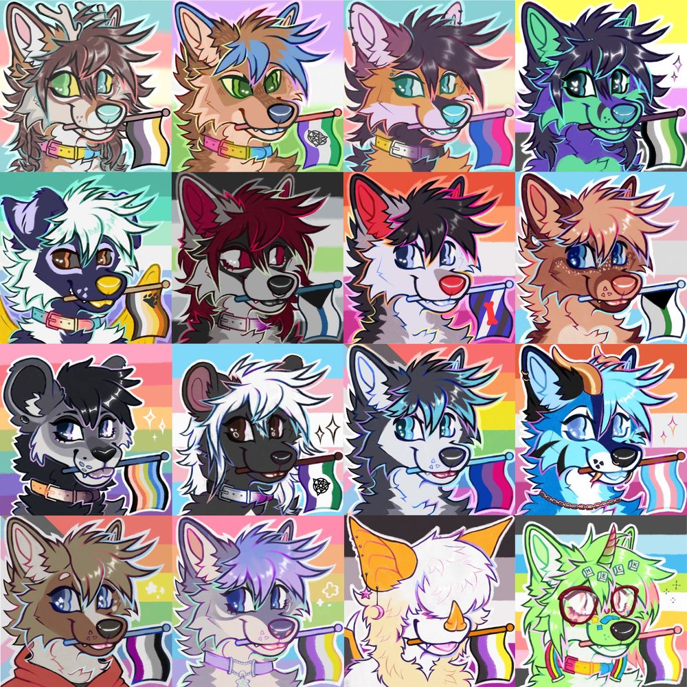 collection of 16 furry headshot pride icons, used as an example for my pride commission type.