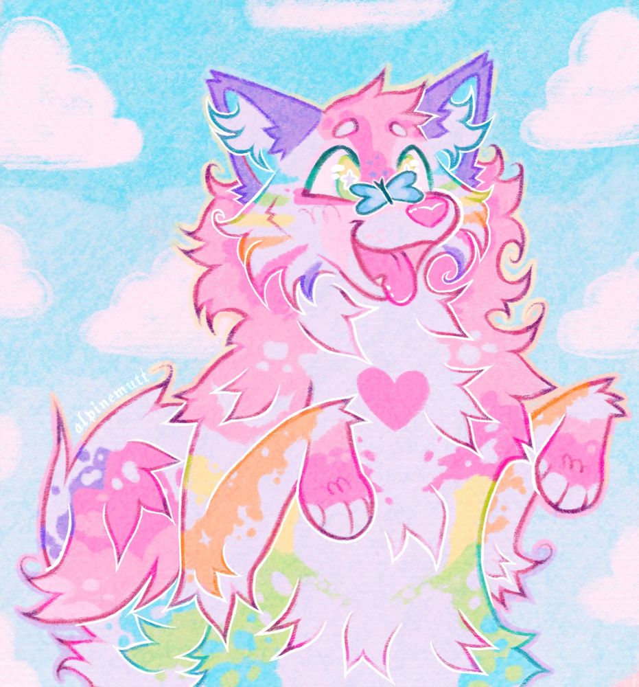 Half body drawing of a happy, pastel rainbow colored anthro pomeranian with a heart marking on their chest. They have a big smile as a butterfly lands on their muzzle. They are under a light blue sky with fluffy clouds.