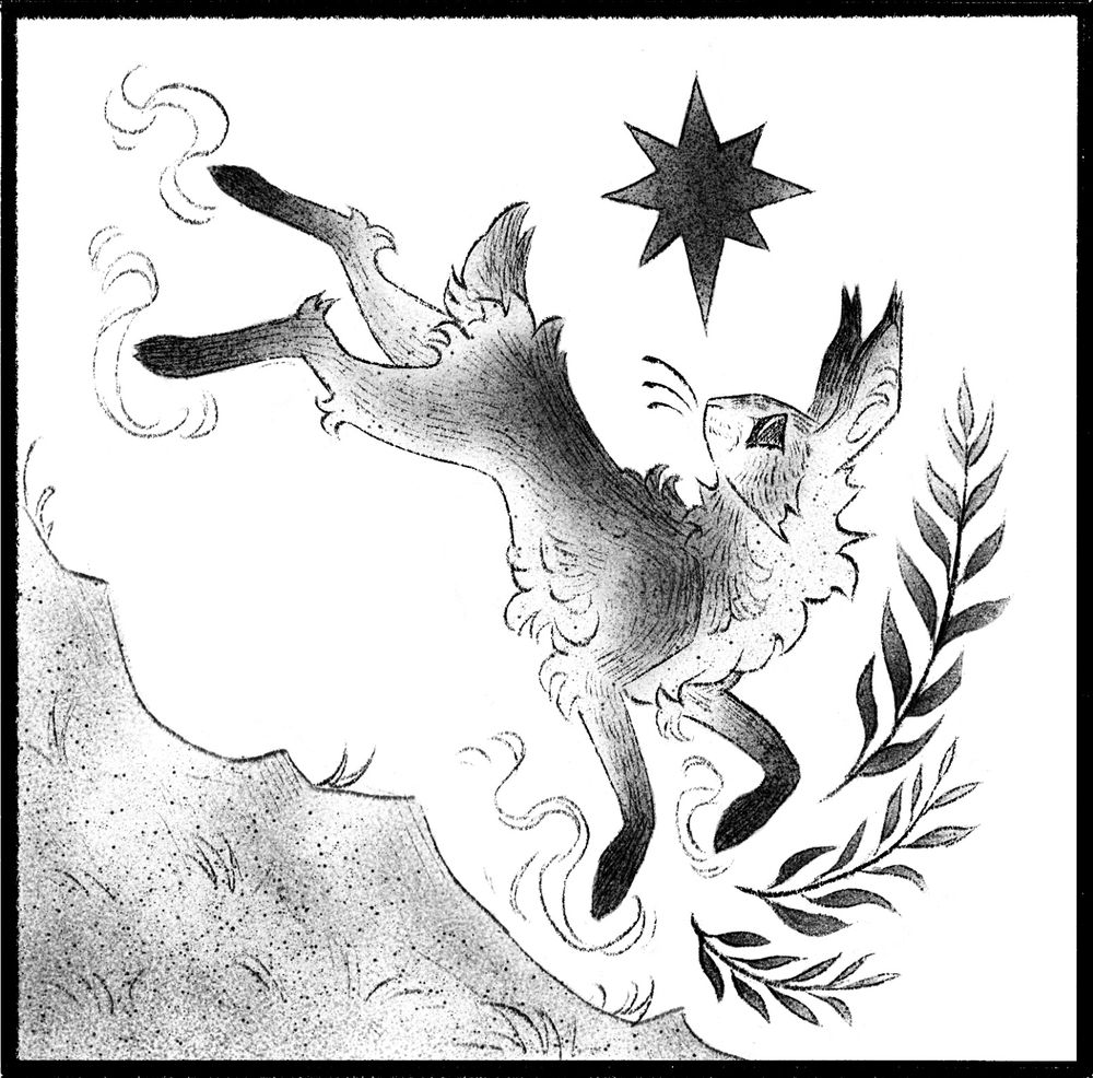 Tattoo style illustration of a hare running down a hill. A star and leafy branches appear next to the hare, with swirling magical lines around the hare’s paws.
