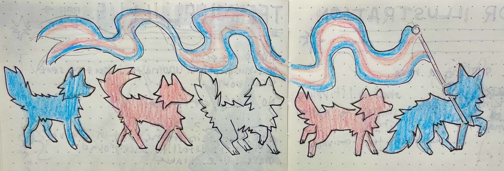 5 dogs walking in a row. they are individually colored blue, pink, and white to make up the trans flag all together. the rightmost dog is carrying a long trans flag that flows all the way to the last dog on the left.