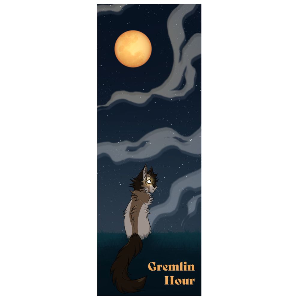 Goosepaw, a brown and cream cat with glowing eyes, sitting with his back turned to the camera. The scene is a ghastly night with a bright orange moon and orange lettering in the bottom corner written "Gremlin Hour".