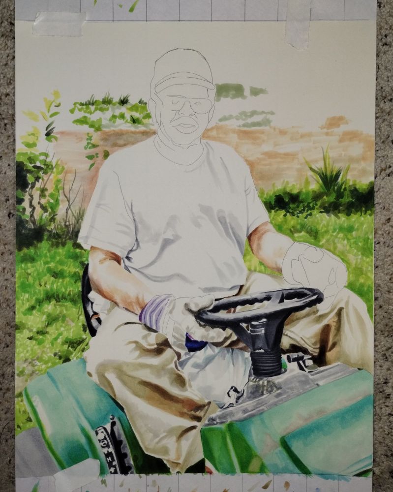In progress drawing of a man on a lawn mower