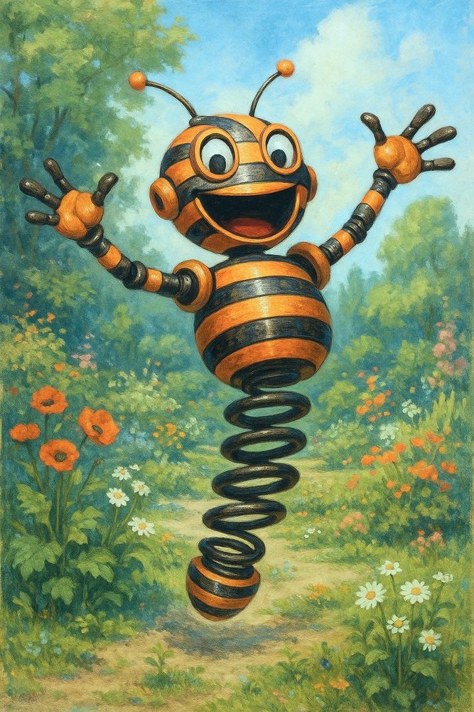 An exuberant joyful somewhat reckless robot with shiny orange and black stripes and a spring for bouncing 
Whimsical illustration 
ChatGPT Image AI Art 
Machine Learning Art AI Art
Synthart