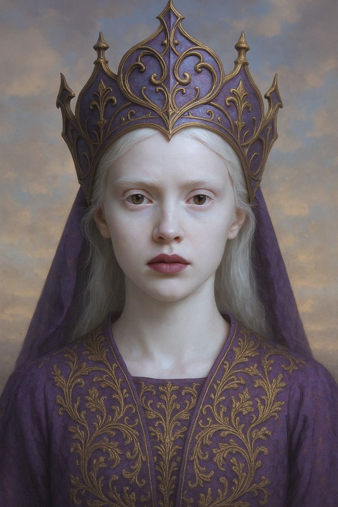 Young woman with white hair wearing a purple & gold gown  and matching crown with the sunrise in the background 
Fantasy illustration 
ChatGPT Image AI Art 
Machine Learning Art AI Art
Synthart