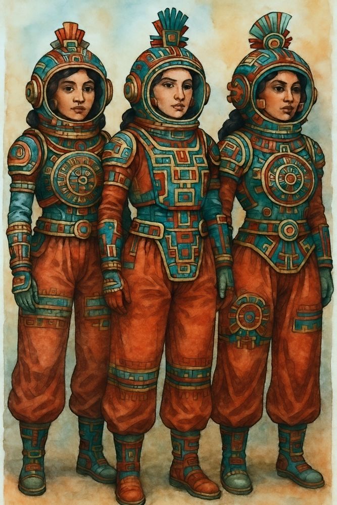 Three women wearing Ancient Aztec inspired Spacesuits 
Sci-fi Fantasy illustration 
ChatGPT Image AI Art 
Machine Learning Art AI Art
Synthart