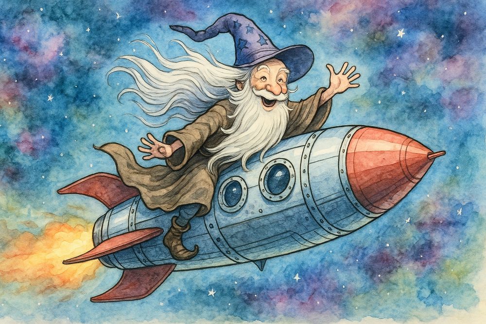 Wizard riding a retro Rocketship through Space
Whimsical Sci-fi Fantasy illustration 
ChatGPT Image AI Art 
Machine Learning Art AI Art
Synthart