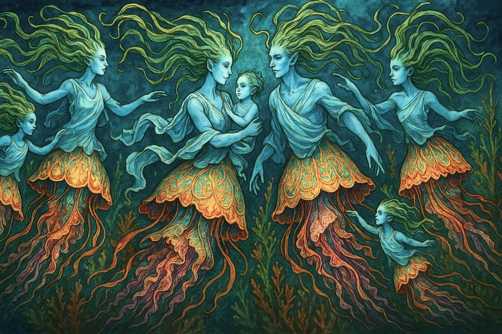 Jellyfish Merefolk part humanoid and part jellyfish graceful swimmers
Surreal Fantasy illustration 
ChatGPT Image AI Art 
Machine Learning Art AI Art
Synthart