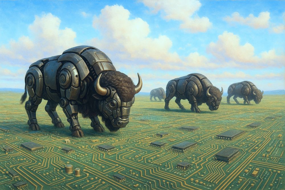 Robot Buffalo 🦬 grazing on the open Computer Planes
Sci-fi illustration 
ChatGPT Image AI Art 
Machine Learning Art AI Art
Synthart