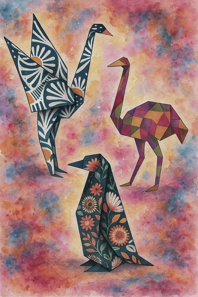 Origami birds with printed paper  - stork, ostrich, penguin on a watercolor background 
ChatGPT Image AI Art 
Machine Learning Art AI Art
Synthart