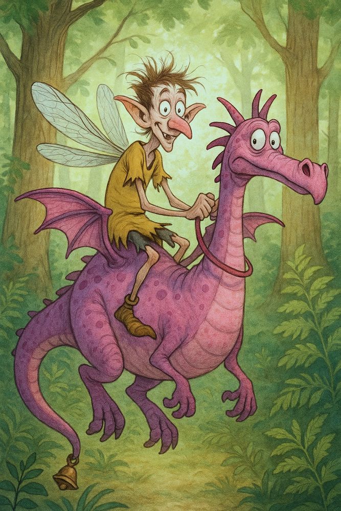 Awkward shabby Faery riding a goofy looking dragon with a bell on its tail
Whimsical Fantasy illustration 
ChatGPT Image AI Art 
Machine Learning Art AI Art
Synthart