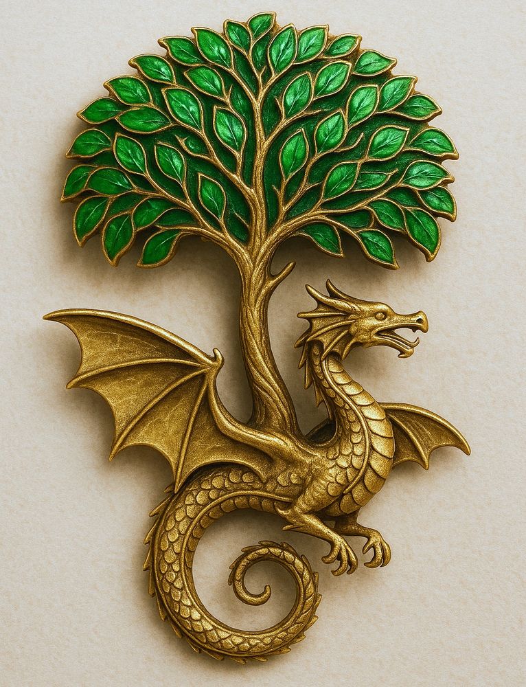 A golden brooch with the Tree of Life and a Dragon green enameled leaves on the tree
Fantasy Jewelry illustration 
ChatGPT Image AI Art 
Machine Learning Art AI Art
Synthart