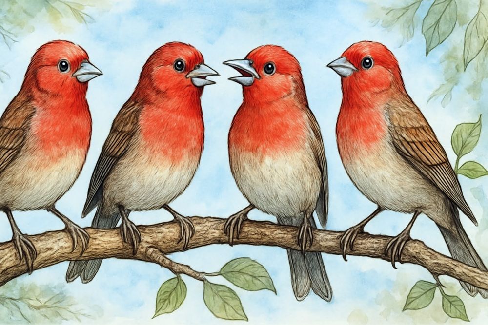 Red Headed Finches singing happily on a branch
Illustration 
ChatGPT Image AI Art 
Machine Learning Art AI Art
Synthart
