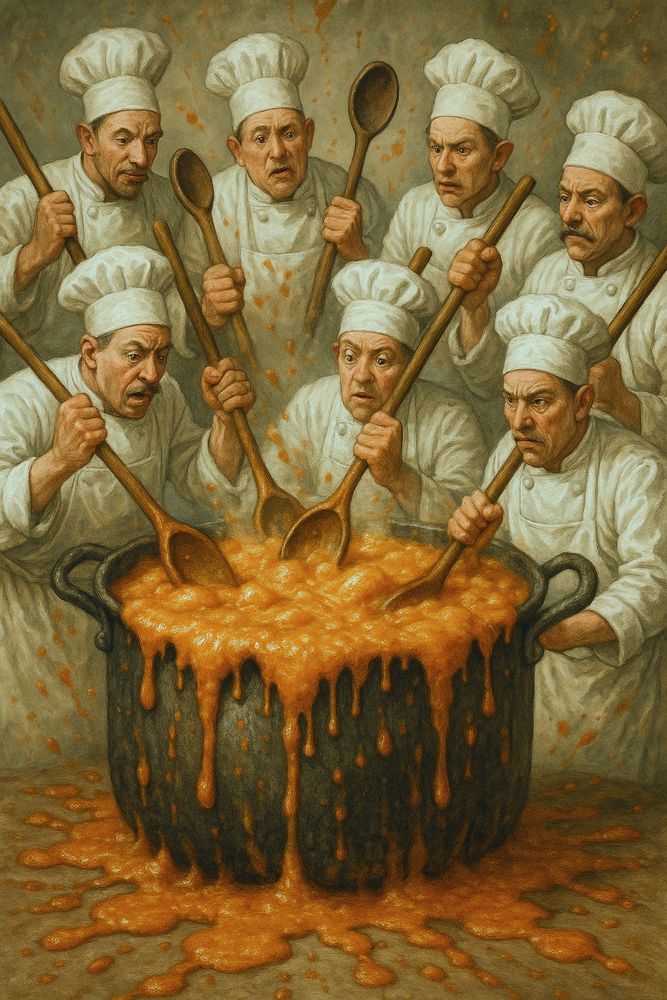 Several cooks in white with aprons and chefs' hats stirring a huge pot that is boiling over with orange goo
SLOP illustration 
ChatGPT Image AI Art 
Machine Learning Art AI Art
Synthart