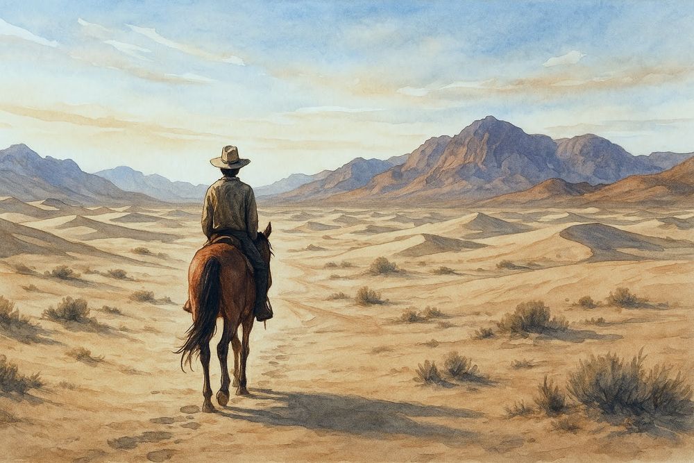 A person on horseback riding along through the desert 
Illustration 
ChatGPT Image AI Art 
Machine Learning Art AI Art
Synthart