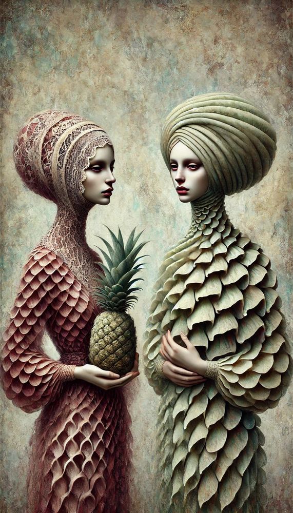 Surreal two women with a pineapple 
Dall-e3 AI Art 
Machine Learning Art AI Art
Synthart
