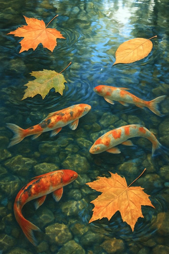 Leaves Floating on a Stream with Fish Below
Nature illustration 
ChatGPT Image AI Art 
Machine Learning Art AI Art
Synthart