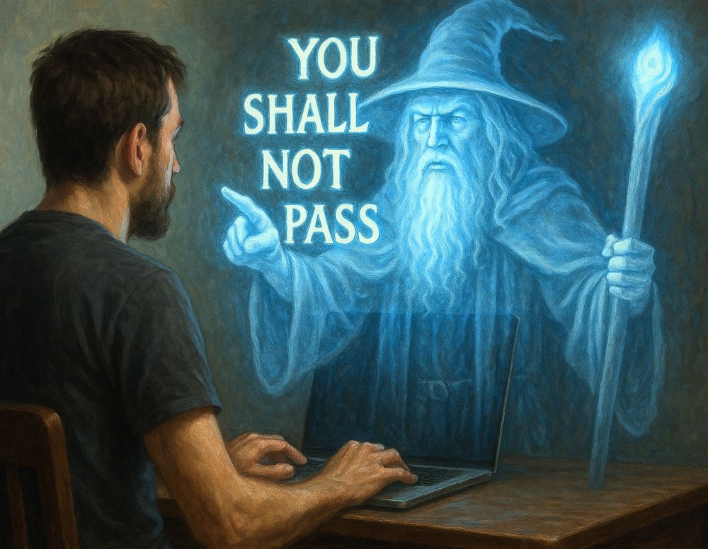 Holographic Wizard appearing in front of the computer screen saying "You Shall NOT Pass" 
Sci-fi illustration 
ChatGPT Image AI Art 
Machine Learning Art AI Art
Synthart