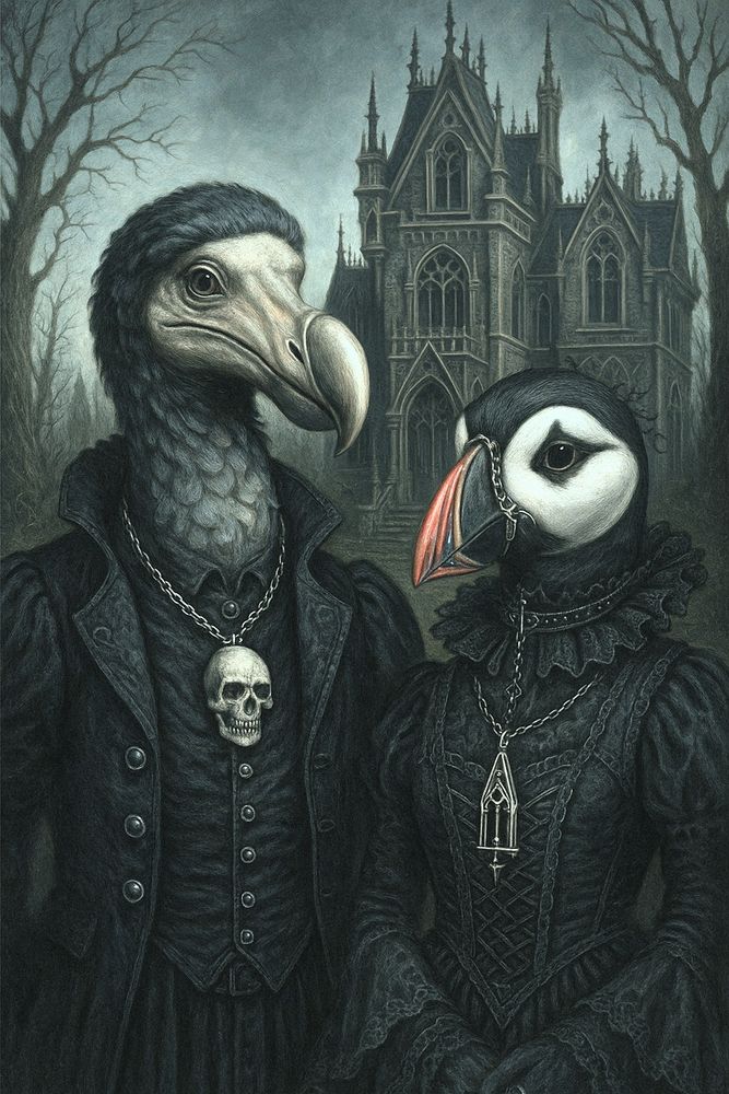 A Dodo and a Puffin dressed in goth style clothes standing in front of a Gothic mansion 
Whimsical horror illustration 
ChatGPT Image AI Art 
Machine Learning Art AI Art
Synthart