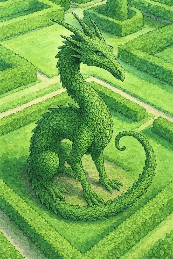 Topiary Dragon in a formal garden 
Fantasy illustration 
ChatGPT Image AI Art 
Machine Learning Art AI Art
Synthart