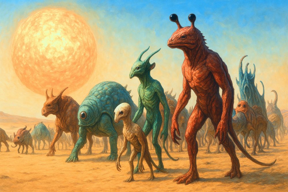 Caravan of extraterrestrial beings on a desert planet trying to escape the burning sun 🔆🏜️
Sci-fi Fantasy illustration 
ChatGPT Image AI Art 
Machine Learning Art AI Art
Synthart
