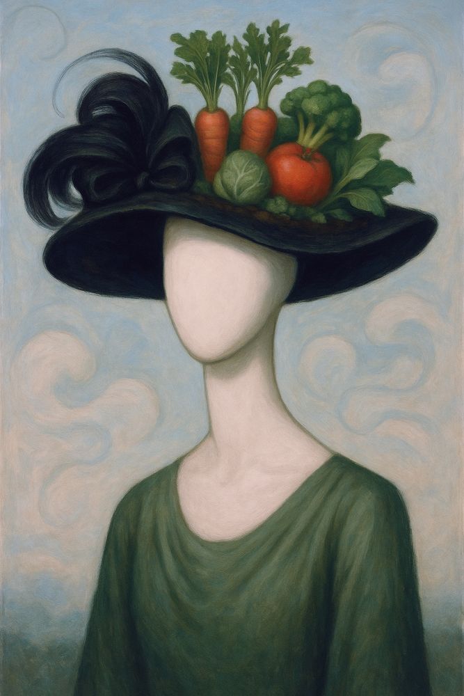 A faceless figure wearing a large elegant hat topped with fresh vegetables 
Surreal Whimsical illustration 
ChatGPT Image AI Art 
Machine Learning Art AI Art
Synthart