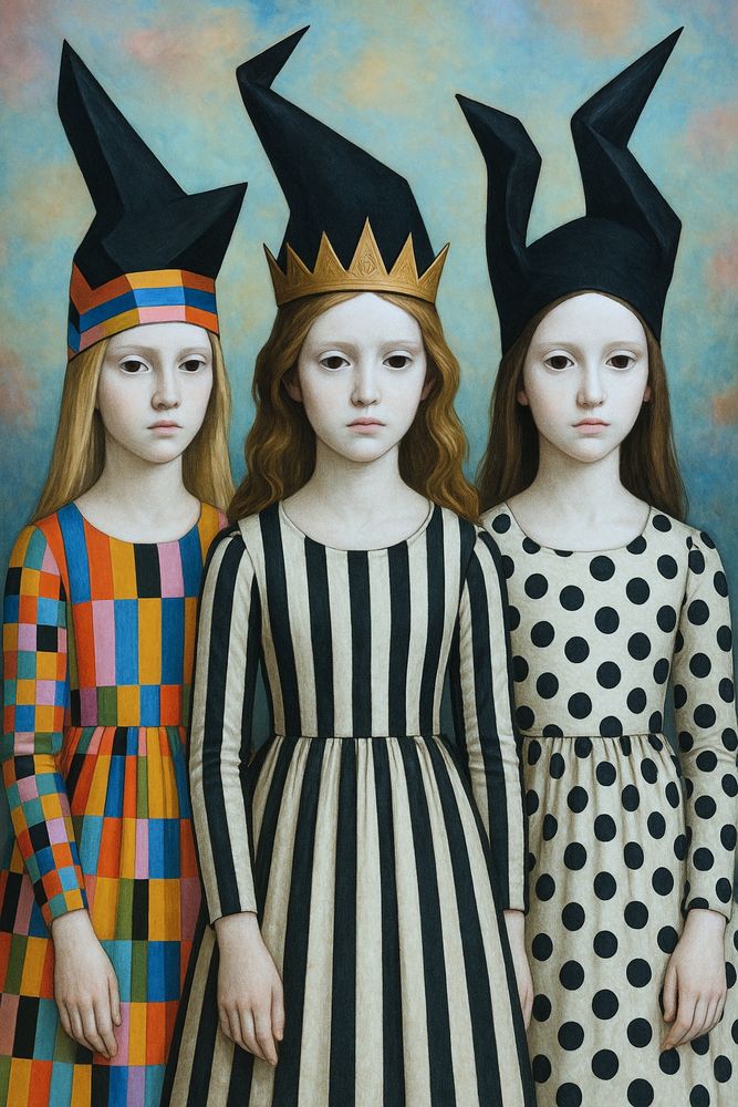 Three not at all jolly young jesters with strange hats and patterned clothing 
Surreal illustration 
ChatGPT Image AI Art 
Machine Learning Art AI Art
Synthart