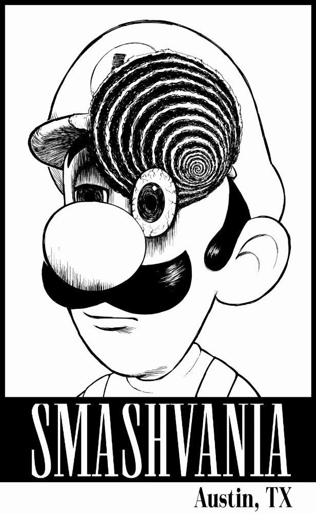 A junji ito inspired image of luigi, with the uzumaki curse. Text reads "smashvania" and "atx" 