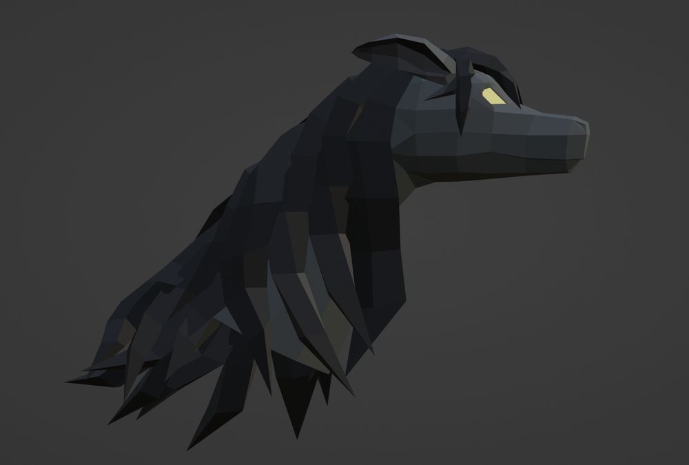 A 3D low poly rendering of a black dragoness with a long mane and yellow glowing eyes. Side view