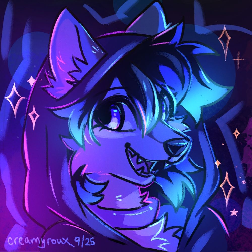 Art portrait depicting Lor, an anthro blue swift fox, wearing a hoodie. His hair glows a blue color.