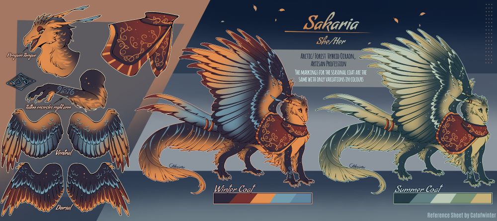 A custom design of a griffin-dragon like character from the closed species Oiraons, the design has 2 different colour coats of purple and green 