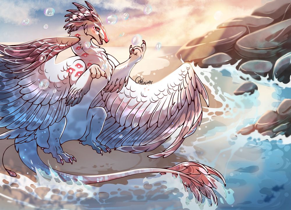 A scenery commission of a dragon playing with bubbles by the side of a stream