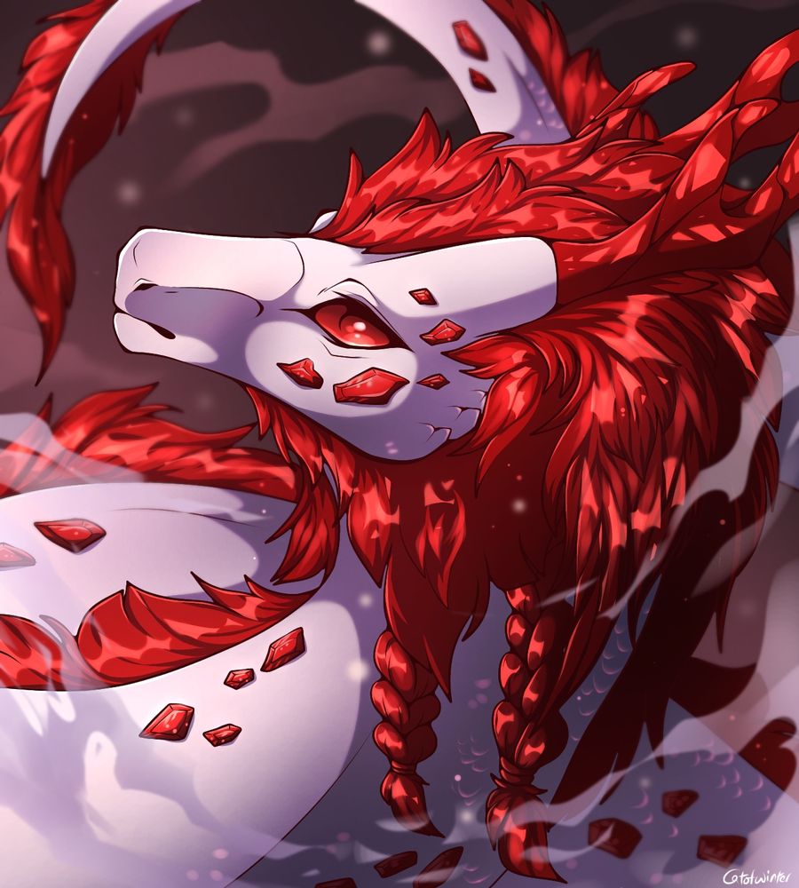 Art fight attack of a fluffy red dragon with mist surrounding it