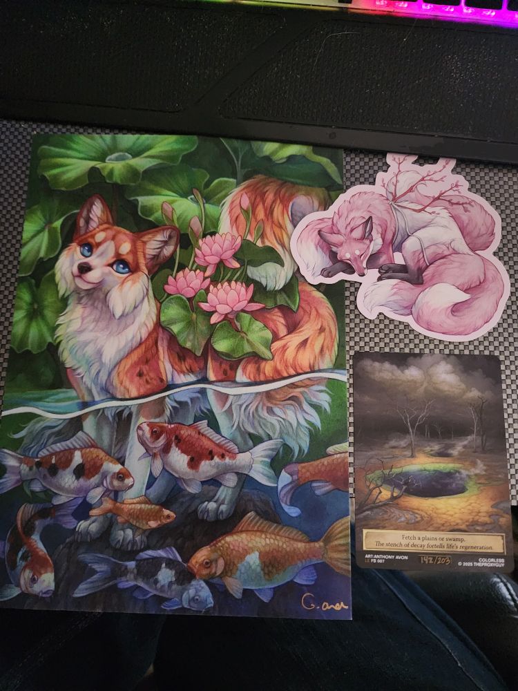 An art print and sticker of a fox and a magic the gathering proxy card 