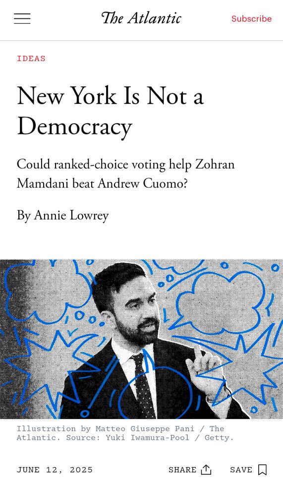 Headline aus Atlantic "New York is not a Democracy" mit einem Bild von Zohran Mamdani 