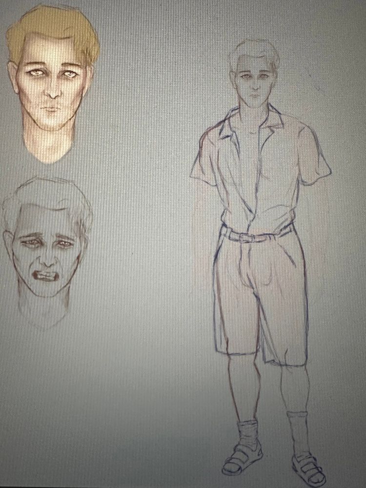 This is a rough sketch with two headshots and an incomplete full body.
Headshot number one: is roughly coloured & shaded, he has a neutral expression. He has blonde short hair that’s grown out on the top just long enough to reach his eyebrows, he has scruffy stubble along his well structured face. His eyes are blue and have a heavy droopy look to them, his eye bags are very noticeable. He also has high cheekbones 
Headshot number two: is the same face uncoloured, but with a sad expression. Tears roll down his cheeks. And his teeth grit together trying to keep himself from bursting into tears.
Full body: is incomplete and uncoloured, he has the same face as previously described. He has a Hawaiian shirt tucked into his khaki cargo shorts. He is wearing socks and sandals, the left side his sock is bunched up towards the top of the show while his right sock his pulled all the way up.
This drawing is a work in progress. And is meant to be an updated version of the 2nd photo in this post. 