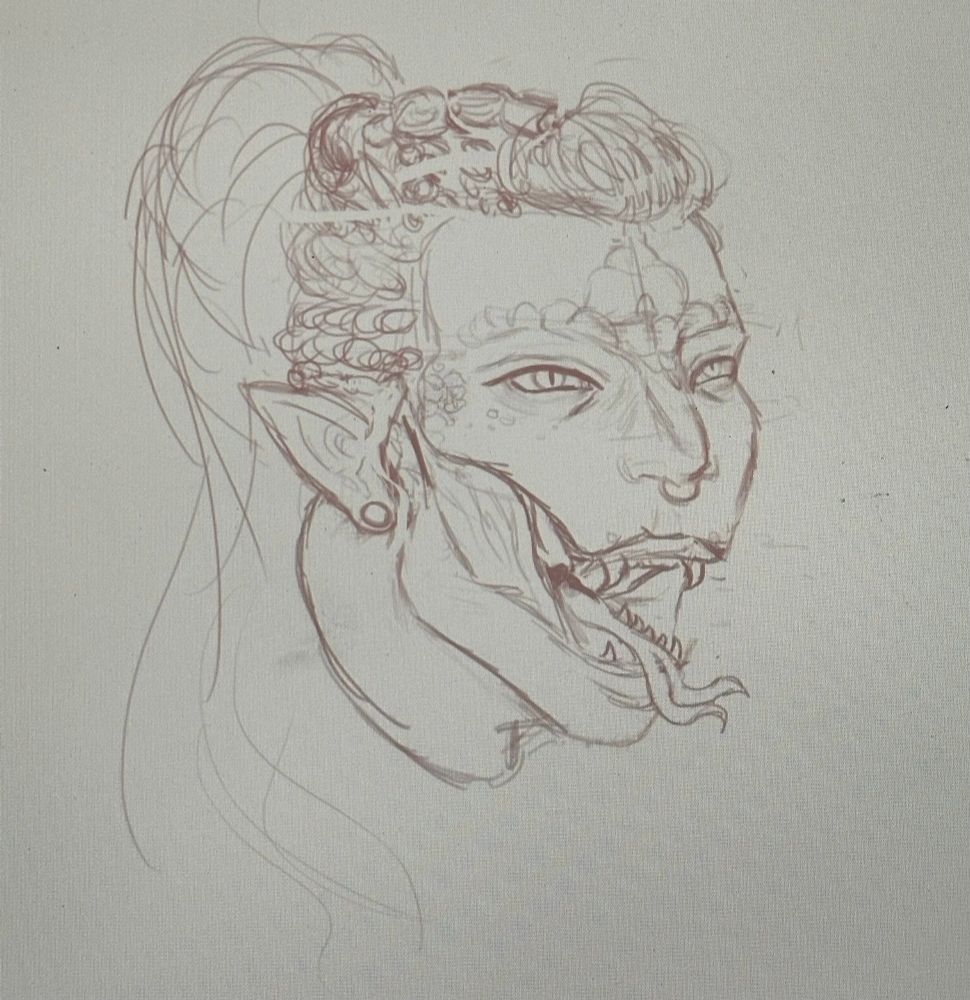 Deep red sketch of a Yuan Ti Pureblood (humanoid snake person) D&D character with his jaw unhinged bearing his teeth and snake tongue, his face is split up around his cheekbones to allow snake extension of his jaw, he has scales along his face which features a scowl for his expression. He has a septum piercing and a stretched lobe piercing. His hair is long & braided, all of which is tied up into a ponytail. His ears are pointy. This is a 2025 redraw of the original 2021 sketch of my D&D character.