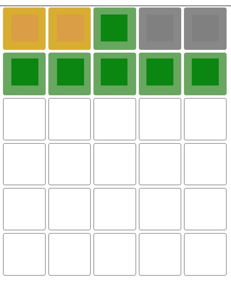 Gridword-Rätsel:
1. Zeile mit zwei gelben, einem grünen und zwei grauen Feldern.
2. Zeile mit fünf grünen Feldern, die anzeigen, dass das Wort erraten wurde.