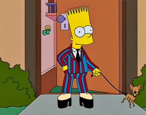 Bart Simpson wearing clothes to make him look tall.