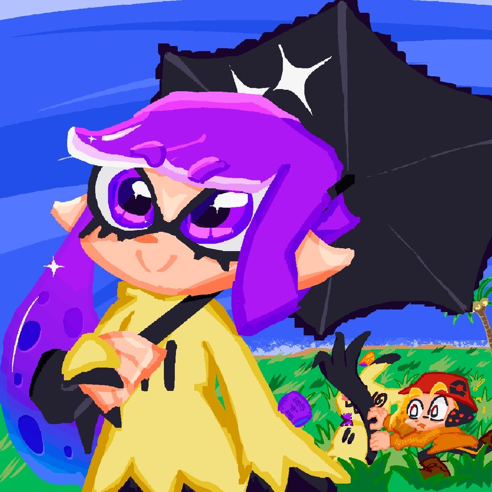 Kira on a sunny grassy field, wearing a mimikyu-themed hoodie and umbrella. In the background, Puddings Mimikyu tries reaching for the umbrella, and Pudding rushes to stop it.