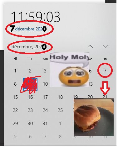 Calendrier indiquant que nous sommes le 7 décembre 2020, avec une photo d'un hamburger avec une flèche pointant vers lui.