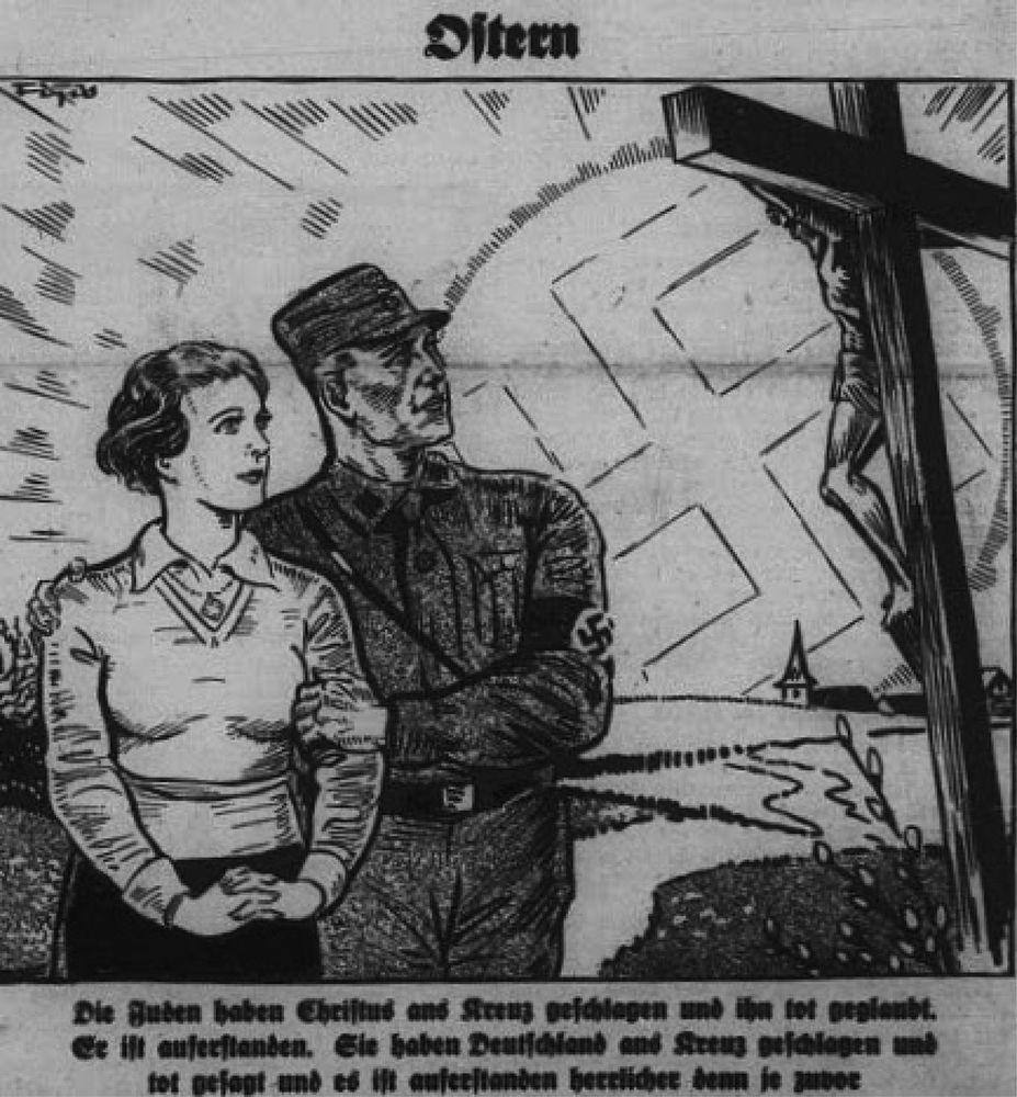 Old German propaganda poster of a Nazi and partner looking at Jesus on a cross.
