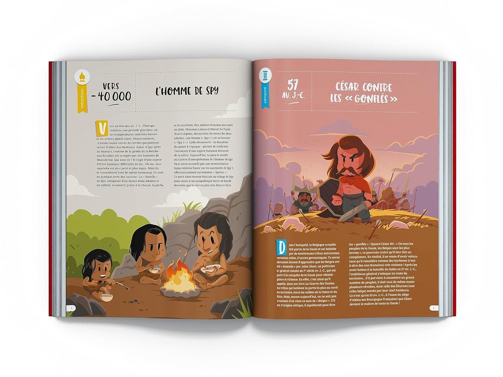 Double page du livre Couverture du livre "100 grandes et petites dates de la Belgique", représentant l'homme de Spy et les tribus belges antiques