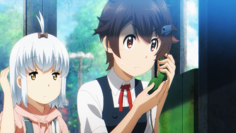 Airi and Youko in a phone booth from the anime series Touring After the Apocalypse Episode 7.