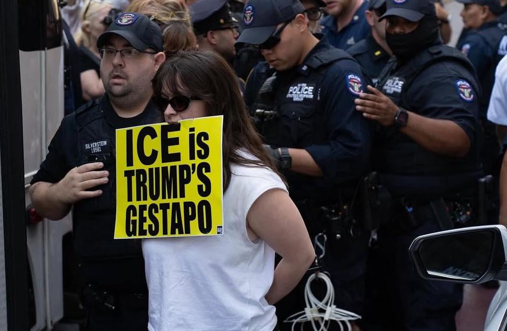 A woman is arrested by  numerous large policemen. She holds a sign that says ICE is Trumps Gestapo 