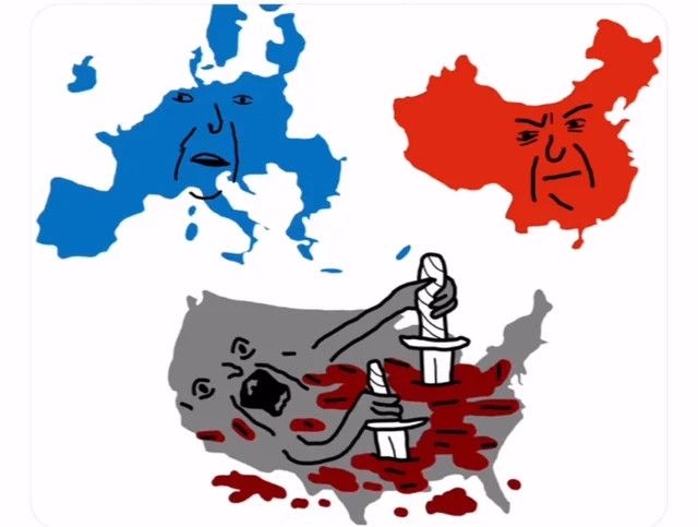 A blue map of the European Union and a red map of China both don concerned looks as they stare at a grey map of the United States, which is screaming and stabbing itself seventeen times.